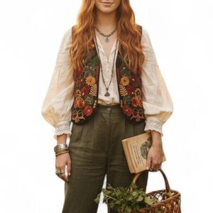 Vintage Boho Cottagecore Floral Embroidered Vest Fall Layer